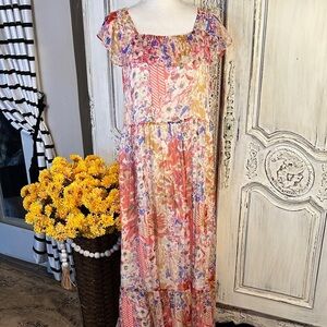 With Song Silk Multi Color Floral Ruffle Maxi Dress